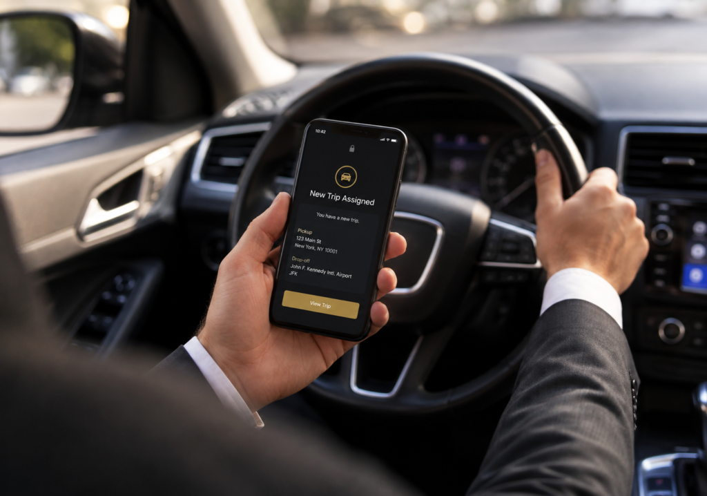 Professional chauffeur in a suit holding a smartphone displaying a new trip assignment, while driving