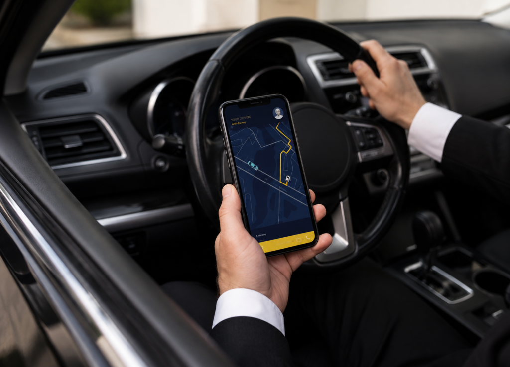 Chauffeur in a luxury vehicle uses smartphone navigation app to confirm a prearranged route for