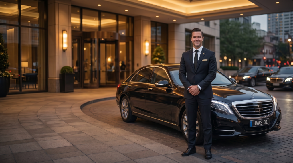 Haas Limo professional chauffeur and luxury sedan for VIP ground transportation in Arlington, Virginia.