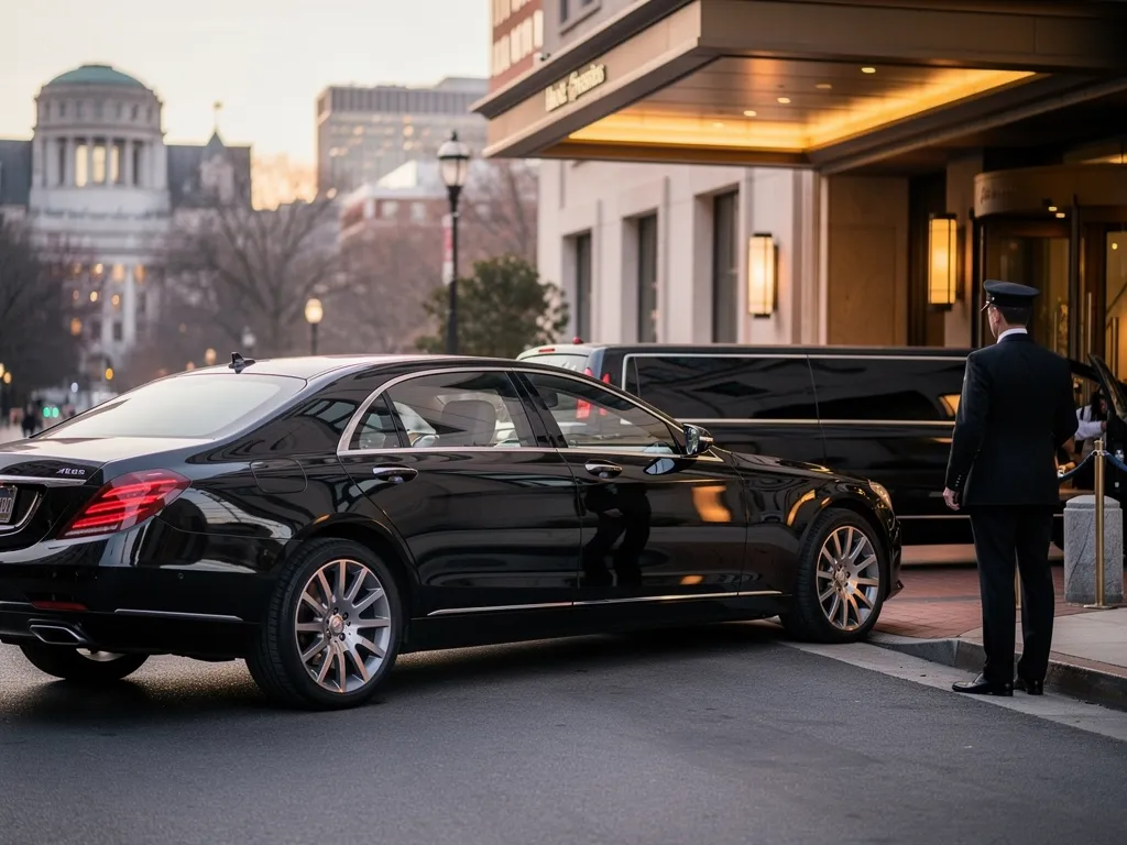 Black executive sedan parked outside a Washington DC office building