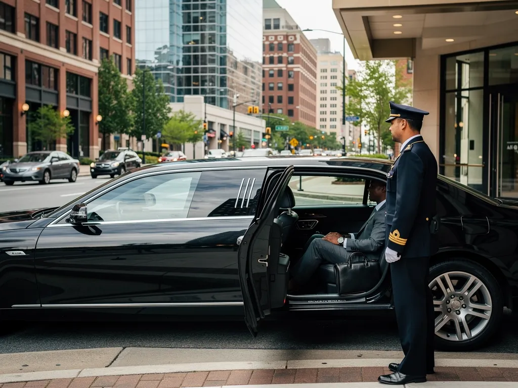Executive working on a laptop in a chauffeured sedan interior