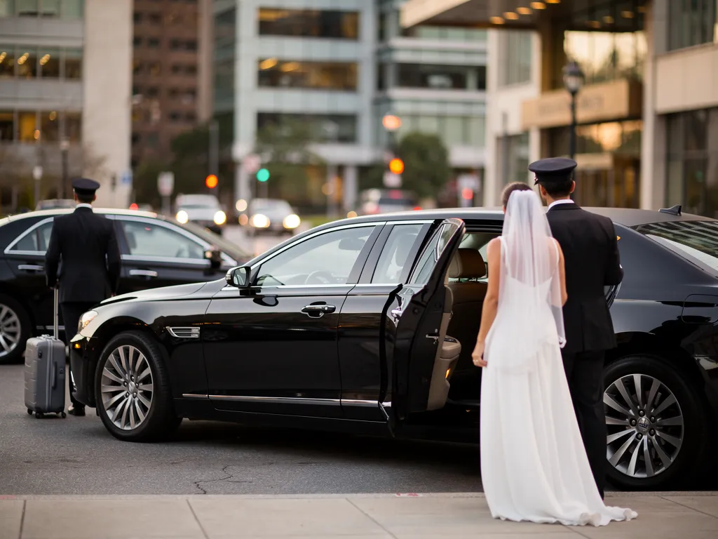 Chauffeur assisting client with luggage beside luxury sedan